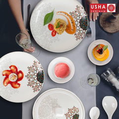USHA SHRIRAM Dine Smart Melamine 32 Pieces Stylon Dinner Set Heat-Resistant | Durable | Shatter-Resistant | Light-Weight | BPA Free (Blue Vector)