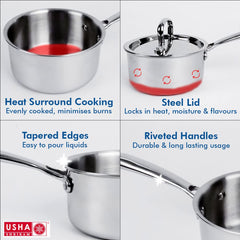USHA SHRIRAM Triply Stainless Steel Sauce Pan with Lid | Stove & Induction Cookware | Heat Surround Cooking | Easy Grip Handles | Steel Tea & Milk Pan with Handle | Soup Pan (1.4L + 2.1L)