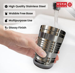 USHA SHRIRAM | 6Pc Stainless Steel Glass Set | 300ml Each | Stainless Steel Pani k Gilas, Wobble Free Base, Durable | Multipurpose, Elegant Design & M...