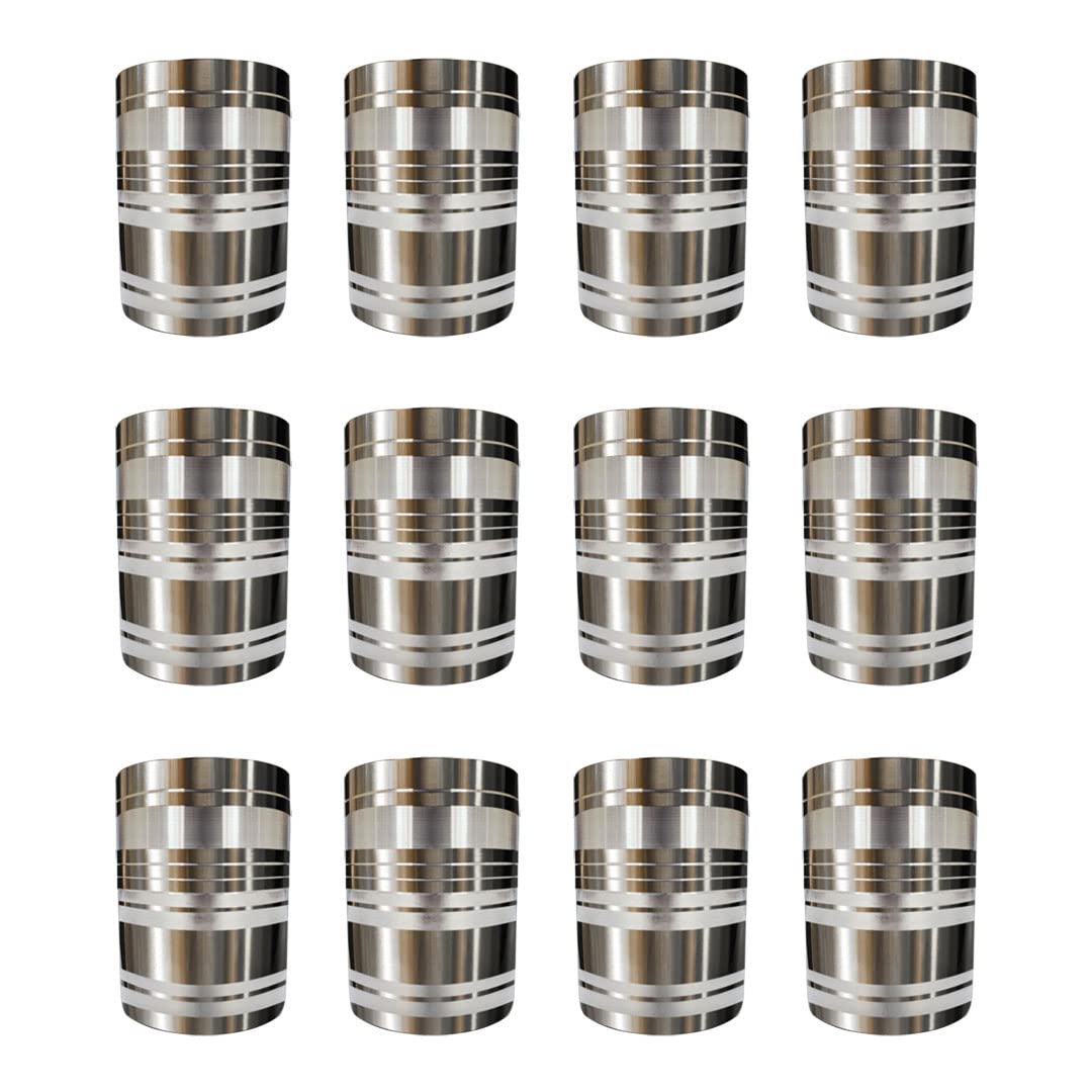 USHA SHRIRAM | 12 Pcs Stainless Steel Glass Set | 300ml Each-AMRAPALI | Stainless Steel Gilas, Wobble Free Base, Durable | Multipurpose, Elegant Design & Mirror Finish