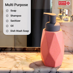 USHA SHRIRAM Soap Dispenser Bottle | Ceramic Soap & Lotion Dispenser Set | Kitchen Dish Soap Pump Dispenser Set | Hand Shower Washing Soap Dispenser (400ml - Design 3 - Pink, Pack of 1)