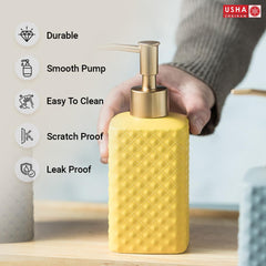 USHA SHRIRAM 350ml Soap Dispenser Bottle | Ceramic Soap & Lotion Dispenser Set | Kitchen Dish Soap Pump Dispenser Set | Hand Shower Washing Soap Dispenser (Deisgn 3 - Yellow, Pack of 2)