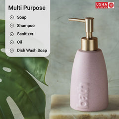USHA SHRIRAM 320ml Soap Dispenser Bottle | Ceramic Soap & Lotion Dispenser Set | Kitchen Dish Soap Pump Dispenser Set | Hand Shower Washing Soap Dispenser (Design 1 - Pink, Pack of 1)