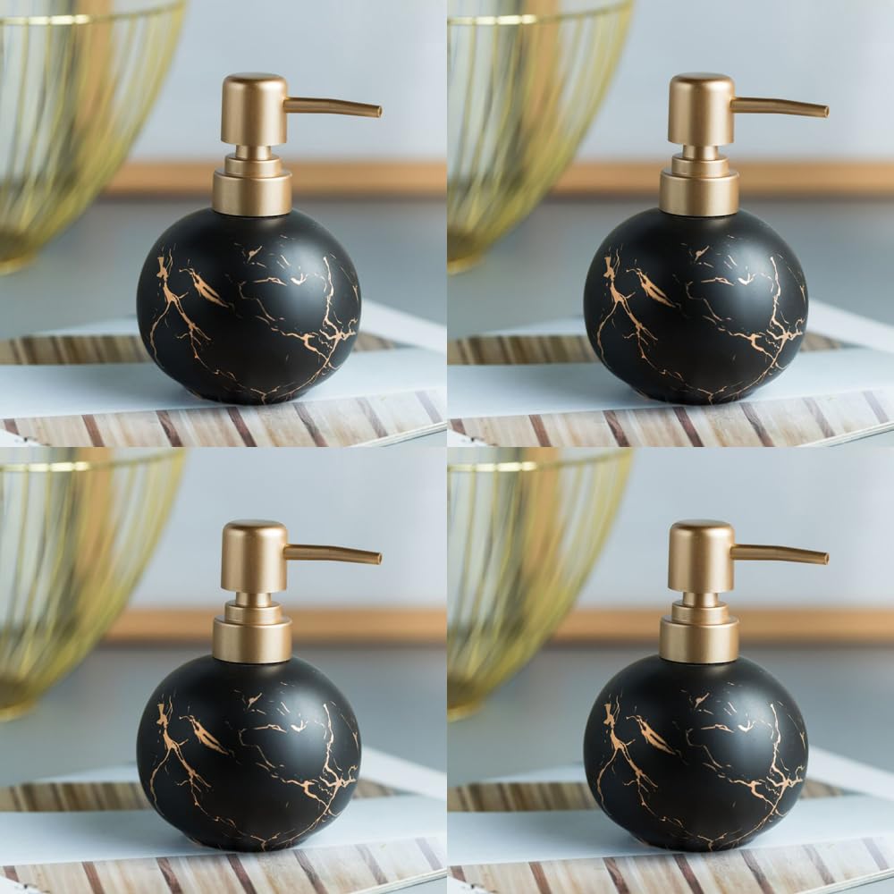 USHA SHRIRAM 300ml Soap Dispenser Bottle | Ceramic Soap & Lotion Dispenser Set | Kitchen Dish Soap Pump Dispenser Set | Hand Shower Washing Soap Dispenser (Design 1 - Black, Pack of 4)