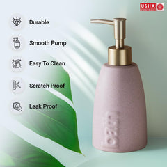 USHA SHRIRAM 320ml Soap Dispenser Bottle | Ceramic Soap & Lotion Dispenser Set | Kitchen Dish Soap Pump Dispenser Set | Hand Shower Washing Soap Dispenser (Design 1 - Pink, Pack of 1)