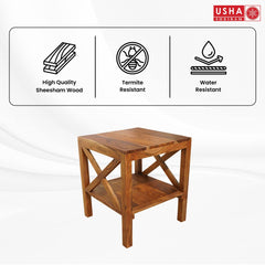 USHA SHRIRAM Wooden Side Table | Sheesham Table with Shelf Storage | Termite & Water Resistant | Durable & Sturdy | Side Table for Living Room | Coffee Table | 50x50x56 cm