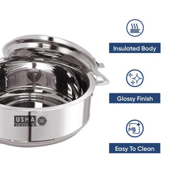 USHA SHRIRAM Stainless Steel Insulated Casserole | Double Wall Insulation, Heat Retaining Body & Easy Lock Lid Mechanism | Wobble Free Base, Glossy Durable & Easy to Clean (1.5L, 2L, 2.5L)
