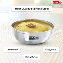 USHA SHRIRAM Stainless Steel Bowl Set (6Pcs) | Family Dinner Gift Set | Steel Katori, Deep Base | Glossy Finish, Durable, Easy to Clean, Stackable (Vati - Set of 6)