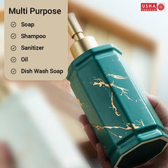USHA SHRIRAM 350ml Soap Dispenser Bottle | Ceramic Soap & Lotion Dispenser Set | Kitchen Dish Soap Pump Dispenser Set | Hand Shower Washing Soap Dispenser (Design 2 - Green, Pack of 2)