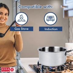 USHA SHRIRAM Triply Stainless Steel Sauce Pan with Lid (2.4L) | Stove & Induction Cookware | Small Induction Sauce Pan for Tea with Long Handle | Steel Sauce Soup Pan for Tea | Milk Pan 2 Litre