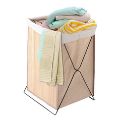 USHA SHRIRAM Foldable Bamboo Laundry Basket With Lid | Sustainable & Eco-Friendly | Travel Essential | Printed Laundry Basket (40cmx30cmx60cm) | Easy To Carry | Dark Brown (3 Pcs, Bag)