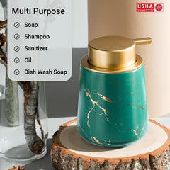 USHA SHRIRAM Soap Dispenser Bottle | Ceramic Soap & Lotion Dispenser Set | Kitchen Dish Soap Pump Dispenser Set | Hand Shower Washing Soap Dispenser (400ml - Design 4 - Green, Pack of 2)