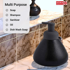 USHA SHRIRAM Soap Dispenser Bottle | Ceramic Soap & Lotion Dispenser Set | Kitchen Dish Soap Pump Dispenser Set | Hand Shower Washing Soap Dispenser (360ml - Design 1 - Black, Pack of 1)