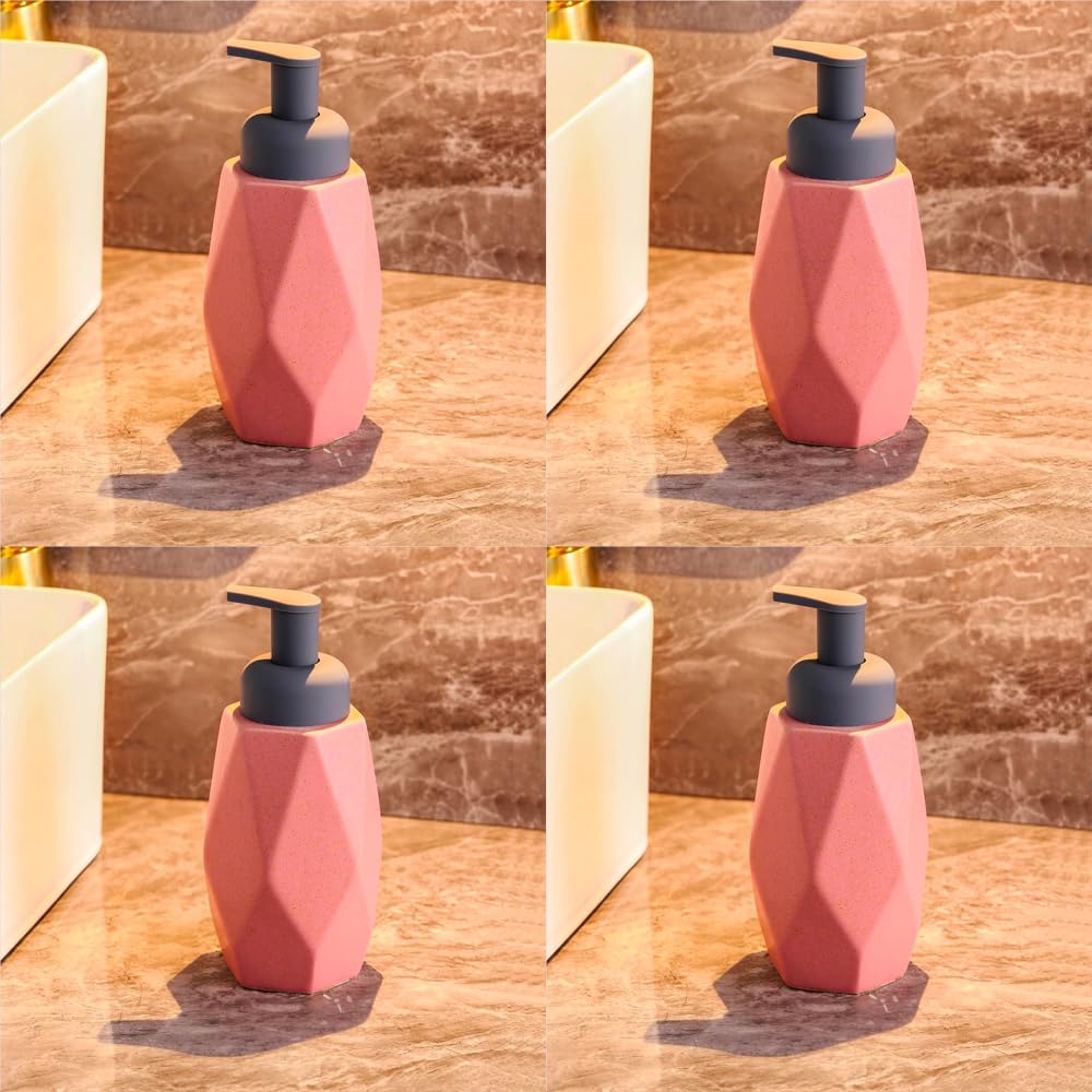 USHA SHRIRAM Soap Dispenser Bottle | Ceramic Soap & Lotion Dispenser Set | Kitchen Dish Soap Pump Dispenser Set | Hand Shower Washing Soap Dispenser (400ml - Design 3 - Pink, Pack of 4)