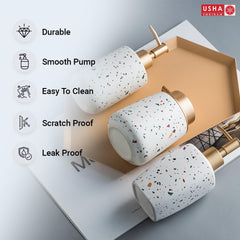 USHA SHRIRAM Soap Dispenser Set | White Ceramic Soap & Lotion Dispenser Set | Kitchen Dish Soap Pump Dispenser Set | Hand Shower Washing Soap Dispenser for Kitchen Sink & Bathroom (White - 3 Pcs Set)