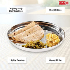 USHA SHRIRAM Stainless Steel Plate Bowl Glass Set | Family Dinner Gift Set | Quality SS, Deep Base | Glossy Finish, Durable, Easy to Clean, Stackable (Plate Set - 12Pcs)