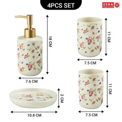 USHA SHIRAM 4 Pcs Ceramic Bathroom Accessories Set - Liquid Soap Dispenser for Bathrooom, Soap Holder for Bathroom, 2 Tumblers | Handwash Dispenser | Bathroom Organiser | Soap Case | White