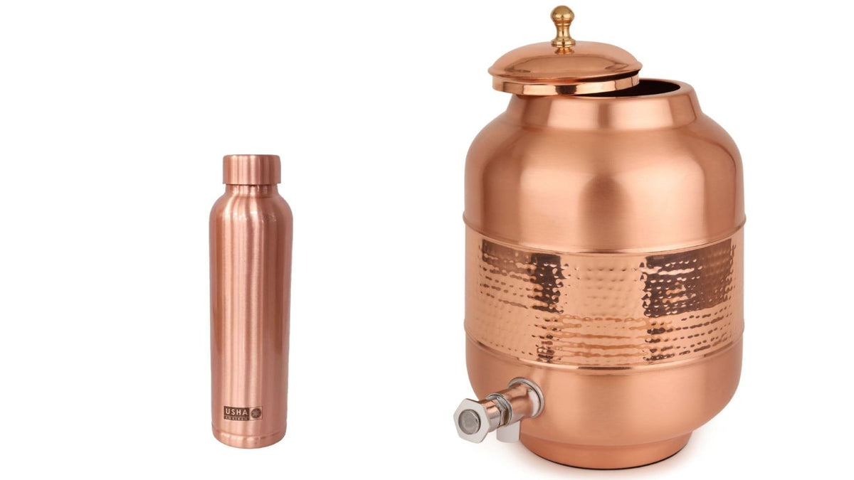 USHA SHRIRAM Pure Copper Water Bottle (1 L) & Copper Matka (8L)| Eco-Friendly, Biodegradable & Non-Toxic | Water Bottle for Kids & Adults | Lightweight, Leak-Proof, Durable & Rust-Free Tamba Bottle