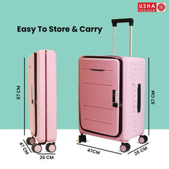 USHA SHRIRAM Polyester Hard Shell Check-In Bag (24 Inch - 65Cm) Collapsible Luggage Bag Rose Pink Suitcase For Travel 360 Degree Spinner Wheel & Lock Foldable Trolley Bag For Travel