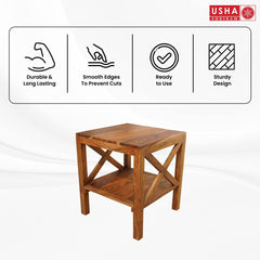 USHA SHRIRAM Wooden Side Table | Sheesham Table with Shelf Storage | Termite & Water Resistant | Durable & Sturdy | Side Table for Living Room | Coffee Table | 50x50x56 cm