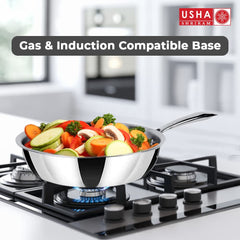 USHA SHRIRAM Triply Stainless Steel Frying Pan with Lid | Stove & Induction Cookware | Heat Surround Cooking | Easy Grip Handles | Stainless Steel Fry Pan with Lid (1.5L)