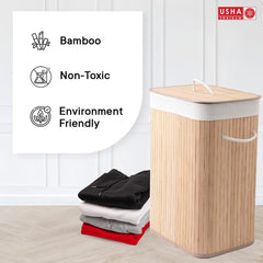 USHA SHRIRAM Foldable Bamboo Laundry Basket With Lid (72L) | Sustainable & Eco-Friendly | Travel Essential | Printed Laundry Basket (40cmx30cmx60cm) | Easy To Carry | Natural