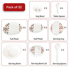 USHA SHRIRAM Dine Smart Melamine 32 Pieces Stylon Dinner Set Heat-Resistant | Durable | Shatter-Resistant | Light-Weight | BPA Free (Leaf Dot)