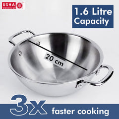 USHA SHRIRAM Triply Stainless Steel Kadai with Lid | 20 cm Diameter | 1.6 L Capacity | Stove & Induction Cookware | Heat Surround Cooking | Triply Stainless Steel Kadhai with lid