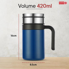 USHA SHRIRAM Insulated Stainless Steel Coffee Mug with Lid and Handle (420ml) | Leak - Proof | Insulated Mug for Coffee & Tea | Hot and Cold Tumbler | Coffee Mug with Lid for Home & Office (Blue)