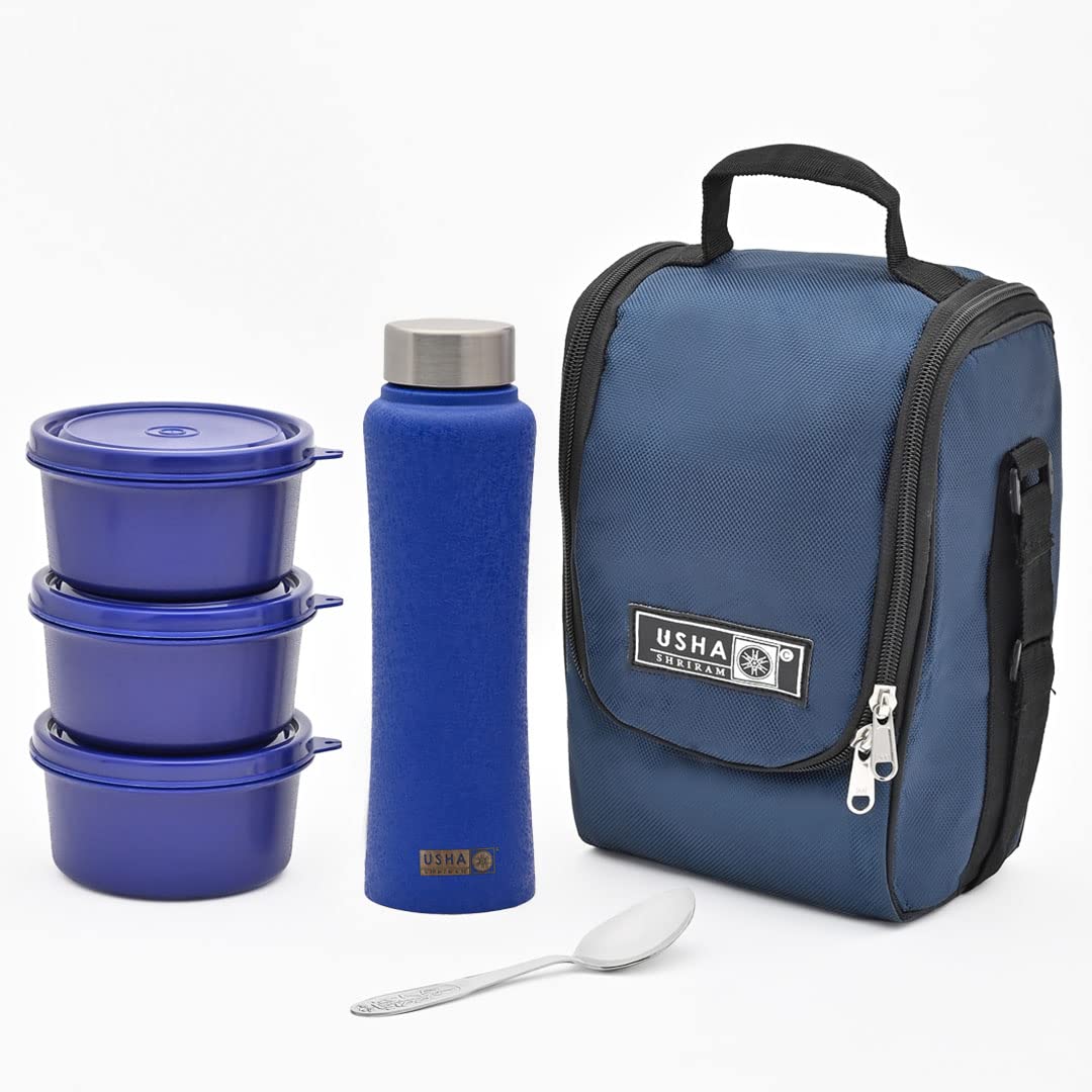 USHA SHRIRAM Lunch Box with Bottle (750ml)|3 Stackable Steel Containers with Fabric Bag, 1 Steel Water Bottle, and Cutlery |Lunch Boxes for Office Men & Office Women | Leak-Proof, Air-Tight (Blue)
