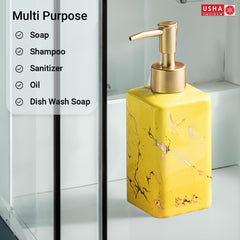 USHA SHRIRAM 320ml Soap Dispenser Bottle | Ceramic Soap & Lotion Dispenser Set | Kitchen Dish Soap Pump Dispenser Set | Hand Shower Washing Soap Dispenser (Design 3 - Yellow, Pack of 4)