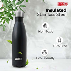 USHA SHRIRAM Insulated Stainless Steel Water Bottle 500ml | Water Bottle for Home, Office & Kids | Hot for 18 Hours, Cold for 24 Hours | Hot Water Bottle Insulated | Bottle Hot & Cold (Black)