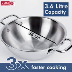USHA SHRIRAM Triply Stainless Steel Kadai with Lid | 26 cm Diameter | 3.6 L Capacity | Stove & Induction Cookware | Heat Surround Cooking | Triply Stainless Steel cookware with lid