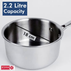 USHA SHRIRAM Triply Stainless Steel Sauce Pan with Lid | Stove & Induction Cookware | Heat Surround Cooking | Easy Grip Handles | Steel Tea & Milk Pan with Handle | Soup Pan (2.2L + 1.5L)