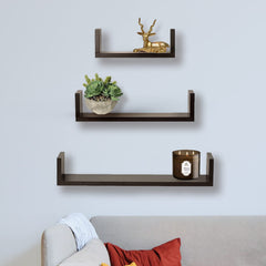 USHA SHRIRAM U-Shaped Wall Shelves | Set of 3 | Wall Mounted Book Shelf | Floating Shelves | Durable Engineered Wood | Sturdy & Long Lasting Wall Shelf | Rectangular Wooden Rack