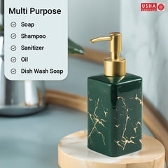 USHA SHRIRAM 320ml Soap Dispenser Bottle | Ceramic Soap & Lotion Dispenser Set | Kitchen Dish Soap Pump Dispenser Set | Hand Shower Washing Soap Dispenser (Design 3 - Green, Pack of 4)