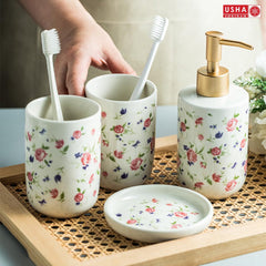USHA SHIRAM 4 Pcs Ceramic Bathroom Accessories Set - Liquid Soap Dispenser for Bathrooom, Soap Holder for Bathroom, 2 Tumblers | Handwash Dispenser | Bathroom Organiser | Soap Case | White