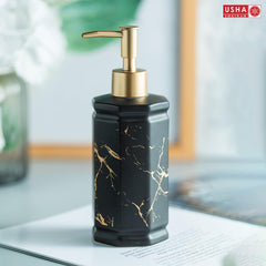 USHA SHRIRAM 350ml Soap Dispenser Bottle | Ceramic Soap & Lotion Dispenser Set | Kitchen Dish Soap Pump Dispenser Set | Hand Shower Washing Soap Dispenser (Design 2 - Black, Pack of 2)
