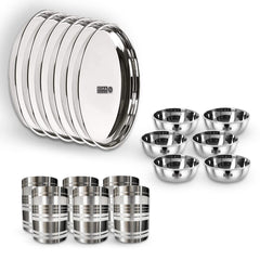 USHA SHRIRAM Stainless Steel Plate Bowl Glass Set | Family Dinner Gift Set | Quality Ss, Deep Base | Glossy Finish, Durable, Easy To Clean, Stackable (Dinner Set -18Pcs), solid