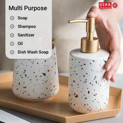 USHA SHRIRAM Soap Dispenser Set | White Ceramic Soap & Lotion Dispenser Set | Kitchen Dish Soap Pump Dispenser Set | Hand Shower Washing Soap Dispenser for Kitchen Sink & Bathroom (White - 3 Pcs Set)