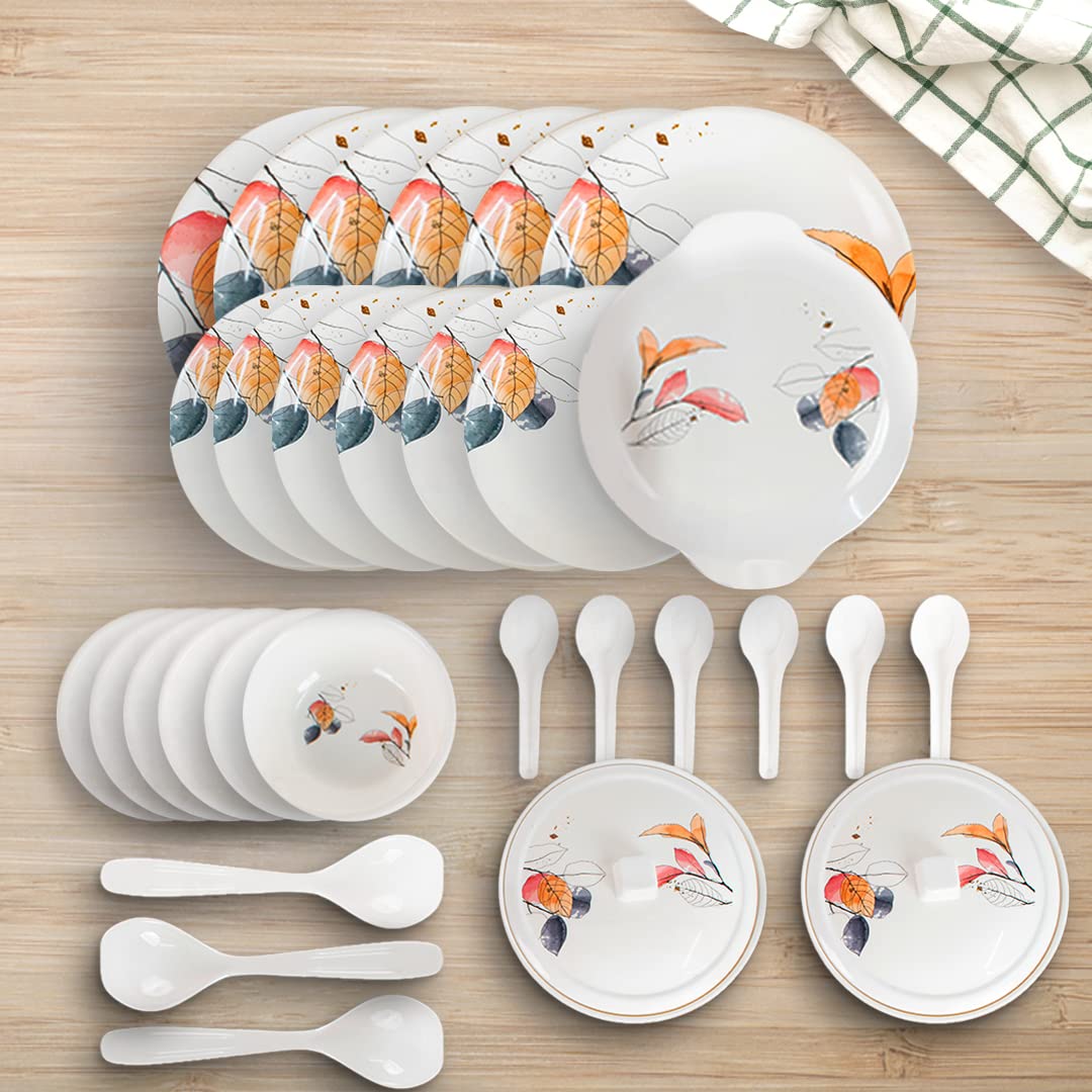 USHA SHRIRAM Dine Smart Melamine 32 Pieces Stylon Dinner Set Heat-Resistant | Durable | Shatter-Resistant | Light-Weight | BPA Free (Vector Flower)
