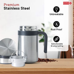USHA SHRIRAM Insulated Stainless Steel Coffee Mug with Lid and Handle (420ml) | Leak - Proof | Insulated Mug for Coffee & Tea | Hot and Cold Tumbler | Coffee Mug with Lid for Home & Office (Silver)