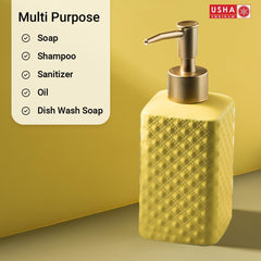 USHA SHRIRAM 350ml Soap Dispenser Bottle | Ceramic Soap & Lotion Dispenser Set | Kitchen Dish Soap Pump Dispenser Set | Hand Shower Washing Soap Dispenser (Deisgn 3 - Yellow, Pack of 4)