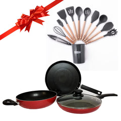 USHA SHRIRAM 3 Piece Non Stick Cookware & Spatula Set(12Pcs) | Gift Set | Non Stick Tawa, Kadai & Frying Pan (with Lid) | Stove & Induction Cookware| 3 Layer Coating Cookware & Kitchen Tool Set
