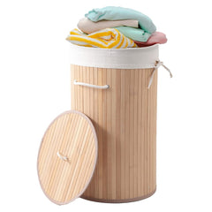 USHA SHRIRAM Foldable Bamboo Laundry Basket With Lid | Sustainable & Eco-Friendly | Travel Essential | Solid Laundry Basket (35cmx35cmx60cm) | Easy To Carry (3 Pcs, Natural)