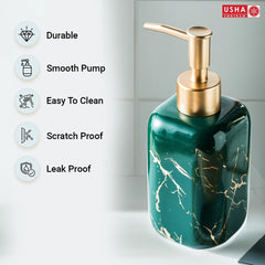 USHA SHRIRAM 300ml Soap Dispenser Bottle | Ceramic Soap & Lotion Dispenser Set | Kitchen Dish Soap Pump Dispenser Set | Hand Shower Washing Soap Dispenser (Design 2 - Green, Pack of 4)