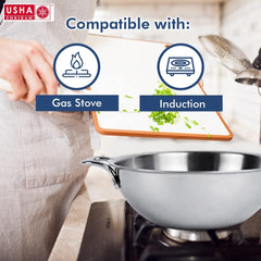 USHA SHRIRAM Triply Stainless Steel Kadai with Lid(1.6L, 2.6L, 3.6L) | Heavy Bottom Kadai | Gas & Induction Cookware | Heat Surround Cooking | Wobble Free Base, Glossy Durable & Easy to Clean (3 Pcs)