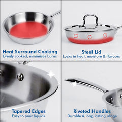 USHA SHRIRAM Triply Stainless Steel Kadai (1.6 L) with Frying Pan (1.2 L) & Tope with Lid (1.5L) | Stainless Steel Cookware Set | Stove and Induction Friendly | Easy Grip Handle | Combo Set (Medium)