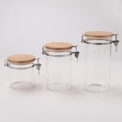 USHA SHRIRAM Borosilicate Containers With Wooden Lid (650ml, 1L, 1.5L) | Glass Container Jar For Kitchen Storage | Microwave Safe | Kitchen Containers Box With Air Tight Lid | Kitchen Organisers