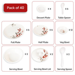 USHA SHRIRAM Dine Smart Melamine 40 Pieces Dinner Set Heat-Resistant | Durable | Shatter-Resistant | Light-Weight | BPA Free (Red Grey Leaf)